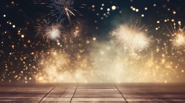 Wooden table or floor empty for product placement with new year firework in background comeliness