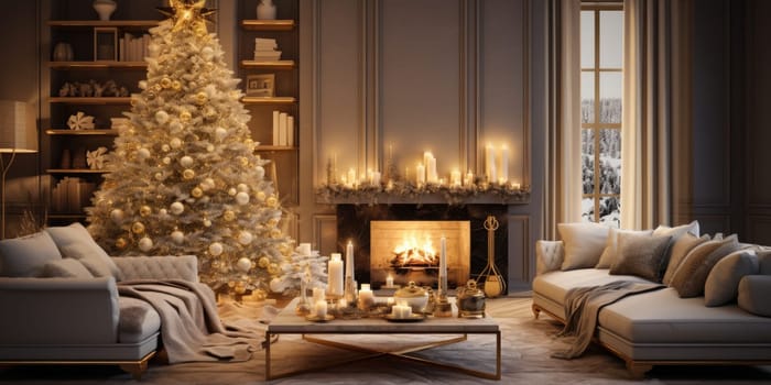 Interior of decorated living room with Christmas tree and comfortable sofa for family comeliness