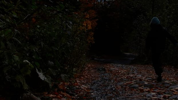 Autumn weather filmed in the park. Creative. A child running in the rain through puddles next to colorful deciduous trees. High quality 4k footage