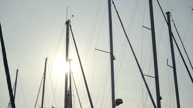 Beautiful view of masts of ships on background of sun and blue sky. Action. Masts of yachts are illuminated by warm sunlight beckoning to sea journey.