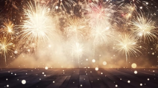 Wooden table or floor empty for product placement with new year firework in background comeliness