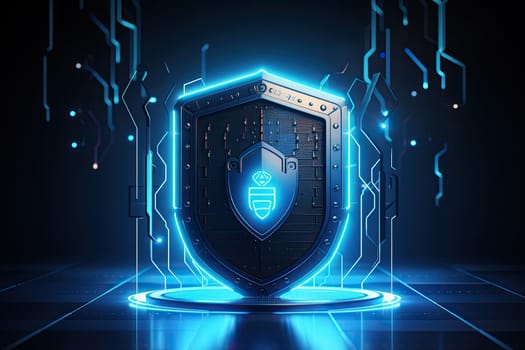 Shield protection inside on blue background The concept of cyber security the Internet.