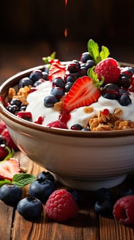 Close up of bowl with creamy Greek yogurt topped with colorful assortment of fresh berries and crunchy granola.