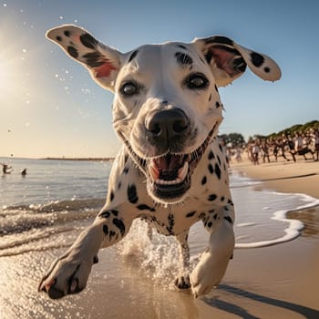Close up view of dalmatian dog playing at a beach in a sunny day.