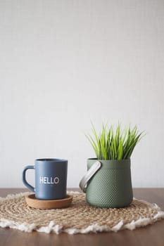 blue coffee cup with hello word .