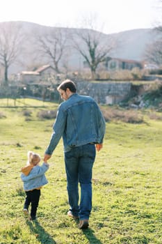 Dad and a little girl walk through a green pasture, holding hands. Back view. High quality photo