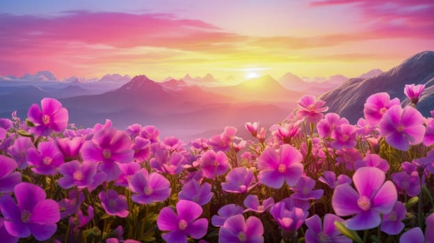 A beautiful landscape of mountains, flower meadows, and pink flowers against the backdrop of the setting sun. Concept travel around the world, peace, solitude, screensaver.