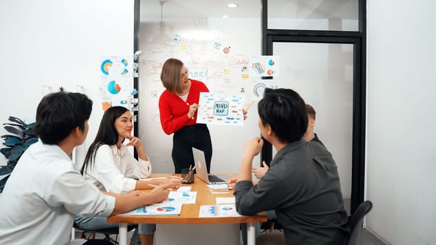 Professional young leader present business idea by using mind map at business meeting surrounded by professional cooperate colleague discussing and brainstorming about her strategy. Immaculate.