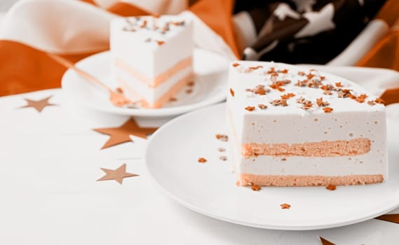 Color of the year 2024: Peach Fuzz. Fourth of july celebration. Sweet cake with usa flag colored sprinkles and stars , flag background