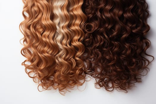 Curly curls of a blonde and a brunette on a white background. Hair coloring. Hairdressing treatments.