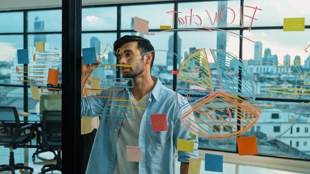 Professional businessman uses sticky notes at glass wall with graph to brainstorming idea while multicultural businesspeople discussing about marketing ideas at office with city view. Tracery