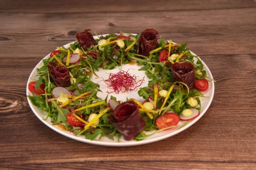 Tasty salad ham with fresh vegetables on wooden background, High quality photo