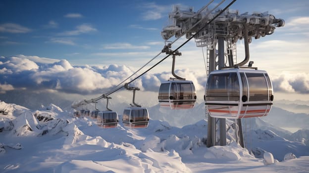 New modern lift with gondolas with a cabin against the backdrop of snow-capped mountains in the clouds