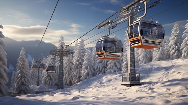 modern lift with orange gondolas with a cabin against the backdrop of snow-capped mountains and trees