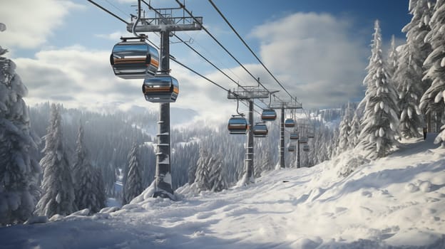 modern lift -gondolas with a cabin against the backdrop of snow-capped mountains and trees