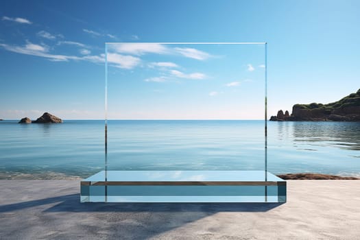 Glass transparent rectangular podium on a stone against the background of the sea.