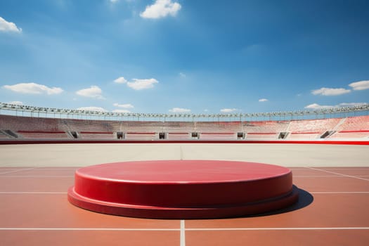 A red podium in the center of the stadium, surrounded by empty seats. Sports competition concept.