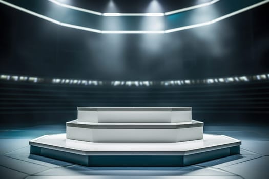 Podium at the stadium in the rays of floodlights. Sports competition concept.