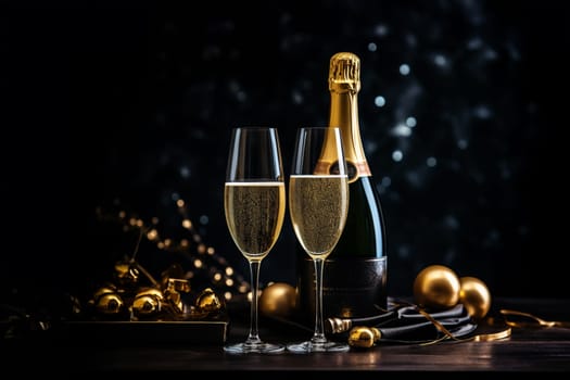 Premium Christmas Party Theme with Champagne Bottle, Wine Glasses, Golden Confetti, and Decorative Balls on a Stylish Dark Background. Lavish Flat Lay Arrangement with copy space.