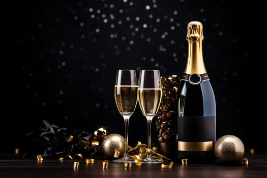 Premium Christmas Party Theme with Champagne Bottle, Wine Glasses, Golden Confetti, and Decorative Balls on a Stylish Dark Background. Lavish Flat Lay Arrangement with copy space.