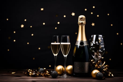 Premium Christmas Party Theme with Champagne Bottle, Wine Glasses, Golden Confetti, and Decorative Balls on a Stylish Dark Background. Lavish Flat Lay Arrangement with copy space.