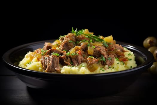 Cassoeula, traditional Lombardy dish with a stew made with pork meat and cabbage, often served with polenta. Italian seasonal comfort dish.