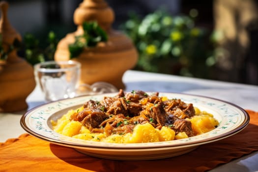 Cassoeula, traditional Lombardy dish with a stew made with pork meat and cabbage, often served with polenta. Italian seasonal comfort dish.