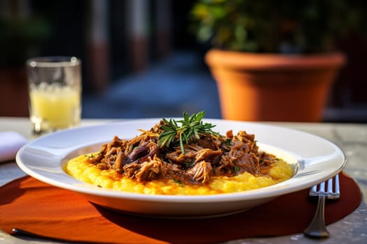 Cassoeula, traditional Lombardy dish with a stew made with pork meat and cabbage, often served with polenta. Italian seasonal comfort dish.