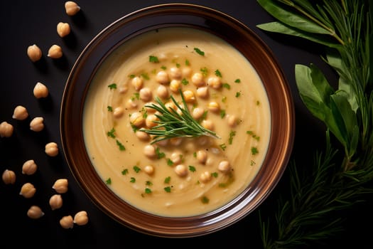 Chickpea soup, traditional Italian winter dish, in Umbria. A warm and nourishing soup made with chickpeas and flavors such as rosemary and garlic. on a white plate in a elegant restaurant decorated for Christmas time. Healthy vegetarian food