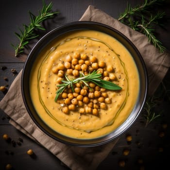 Top view of Chickpea soup, traditional Italian winter dish, in Umbria. A warm and nourishing soup made with chickpeas and flavors such as rosemary and garlic. on a white plate in a elegant restaurant decorated for Christmas time. Healthy vegetarian food.