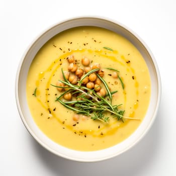 Chickpea soup, traditional Italian winter dish, in Umbria. A warm and nourishing soup made with chickpeas and flavors such as rosemary and garlic. on a white plate in a elegant restaurant decorated for Christmas time. Healthy vegetarian food