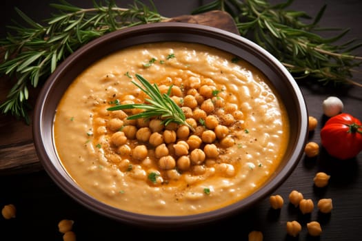 Chickpea soup, traditional Italian winter dish, in Umbria. A warm and nourishing soup made with chickpeas and flavors such as rosemary and garlic. on a white plate in a elegant restaurant decorated for Christmas time. Healthy vegetarian food