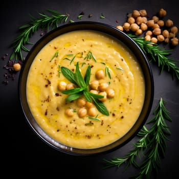 Top view of Chickpea soup, traditional Italian winter dish, in Umbria. A warm and nourishing soup made with chickpeas and flavors such as rosemary and garlic. on a white plate in a elegant restaurant decorated for Christmas time. Healthy vegetarian food.