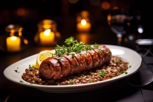 Cotechino with lentils raditional a Emilia-Romagna dish, with sausage served with lentils, symbolizing luck and prosperity for the new year.