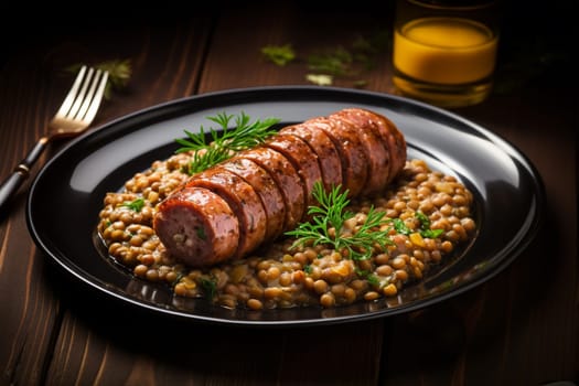 Cotechino with lentils raditional a Emilia-Romagna dish, with sausage served with lentils, symbolizing luck and prosperity for the new year.