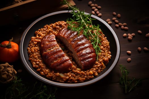 Cotechino with lentils raditional a Emilia-Romagna dish, with sausage served with lentils, symbolizing luck and prosperity for the new year.