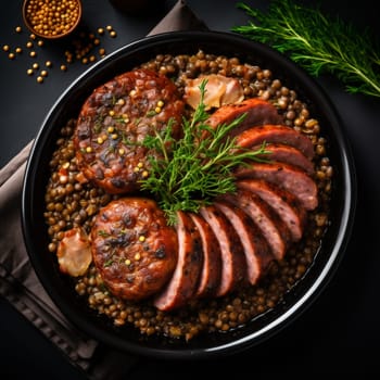 Cotechino with lentils raditional a Emilia-Romagna dish, with sausage served with lentils, symbolizing luck and prosperity for the new year.