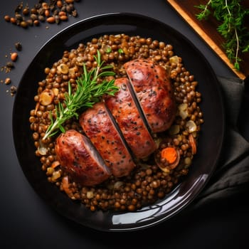 Cotechino with lentils raditional a Emilia-Romagna dish, with sausage served with lentils, symbolizing luck and prosperity for the new year.