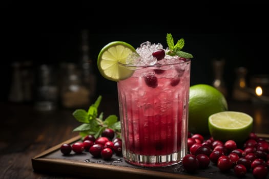 Cranberry Mule with vodka, ginger beer, cranberry juice, lime. Christmas cocktail idea.