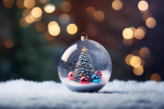 Christmas tree inside a glass ball on dark blurred background with copy space. Christmas and New Year concept.