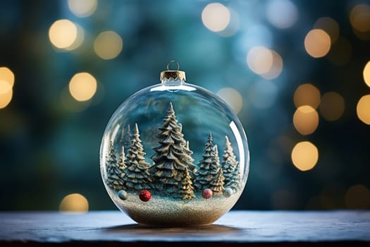 Christmas tree inside a glass ball on dark blurred background with copy space. Christmas and New Year concept.