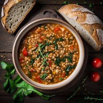 Farro soup a Lazio traditional dish. A hearty and thick soup made with spelt, vegetables. Hearty comfort meal. Italian winter warmer