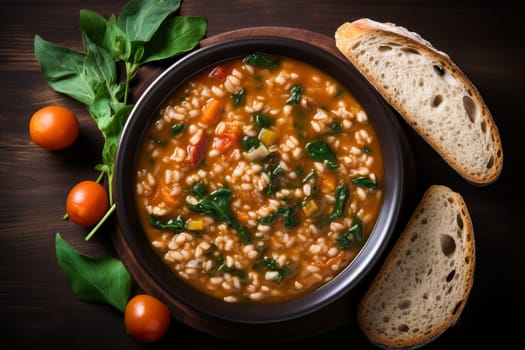 Farro soup a Lazio traditional dish. A hearty and thick soup made with spelt, vegetables. Hearty comfort meal. Italian winter warmer