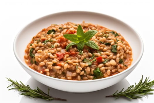 Farro soup a Lazio traditional dish. A hearty and thick soup made with spelt, vegetables. Hearty comfort meal. Italian winter warmer