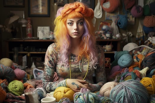 A girl in a room with a huge amount of yarn and balls of thread. Hobby.