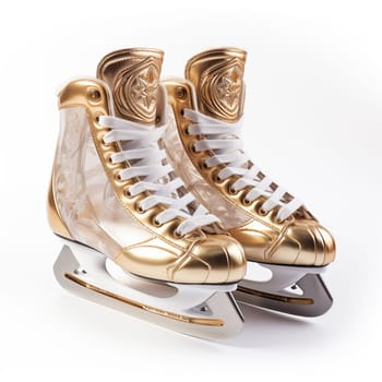 Luxurious, golden ice skates, standing isolated on white background.