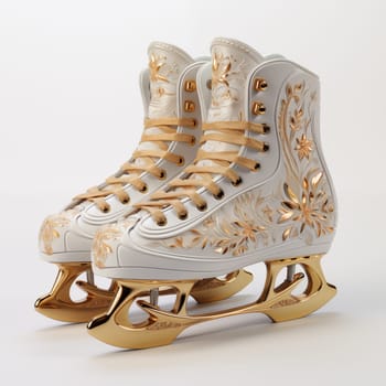 Luxurious, white with gold pattern, ice skates, standing isolated on white background.