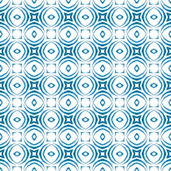 Textile ready positive print, swimwear fabric, wallpaper, wrapping. Blue fascinating boho chic summer design. Hand painted tiled watercolor border. Tiled watercolor background.