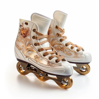 Luxury white-golden roller skates standing isolated on a white background.