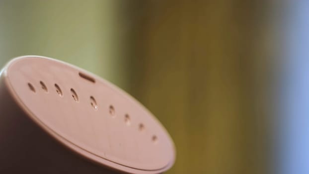 Close up of hand steamer for ironing clothes. Small pink electronic device for ironing with water steam on blurred background.